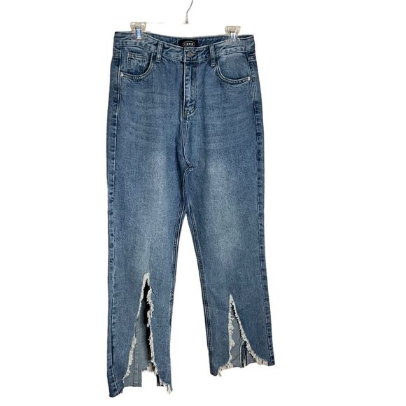 Cider Women's Jeans size L Denim Distressed Fringe Slit Legs High Rise NWOT - Picture 1 of 14